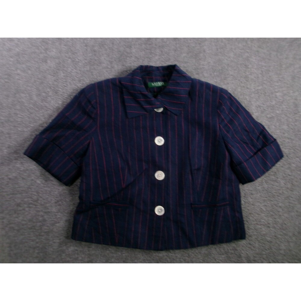 LRL Ralph Lauren Cropped Blazer Women 8P Navy Striped Short Sleeve Jacket Preppy